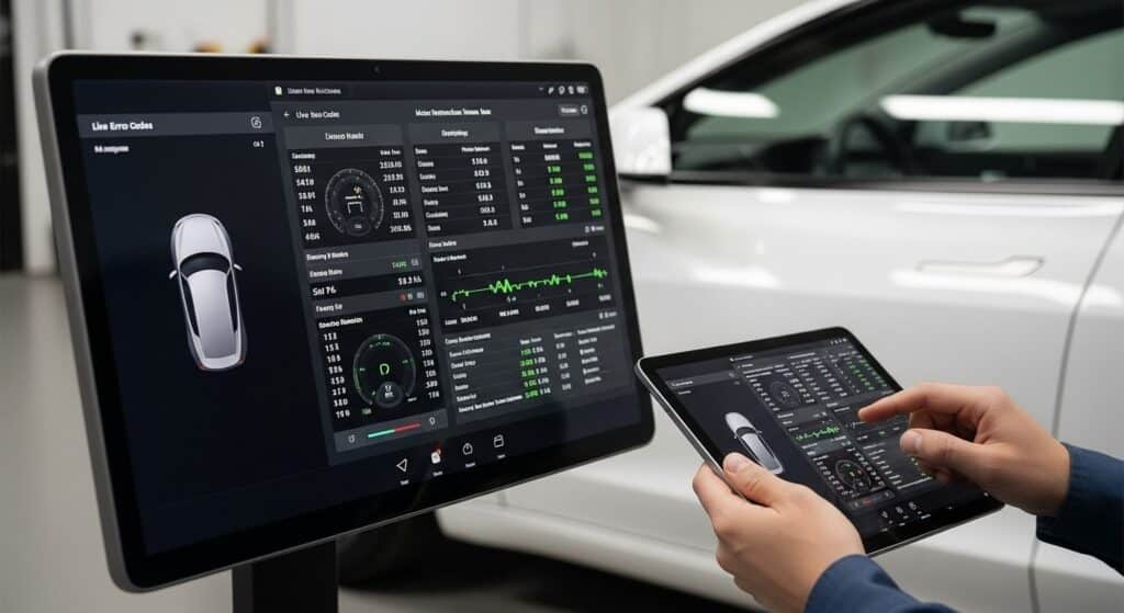 Live diagnostic data displayed on an EV touchscreen during a service visit